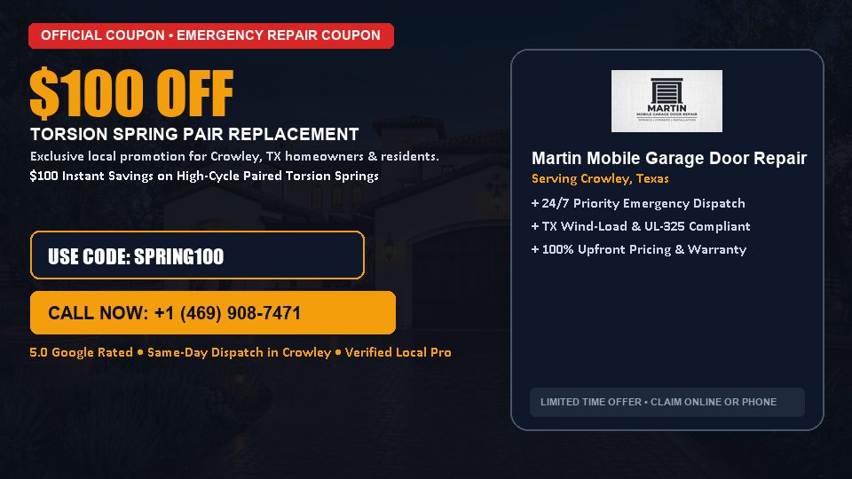 $100 OFF Dual High-Cycle Torsion Spring Replacement in Crowley, TX - Martin Mobile Garage Door Repair