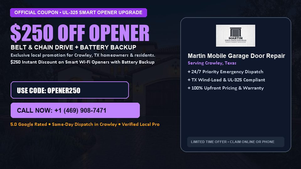 $250 OFF Smart Wi-Fi Garage Door Opener Installation in Crowley, TX - Martin Mobile Garage Door Repair